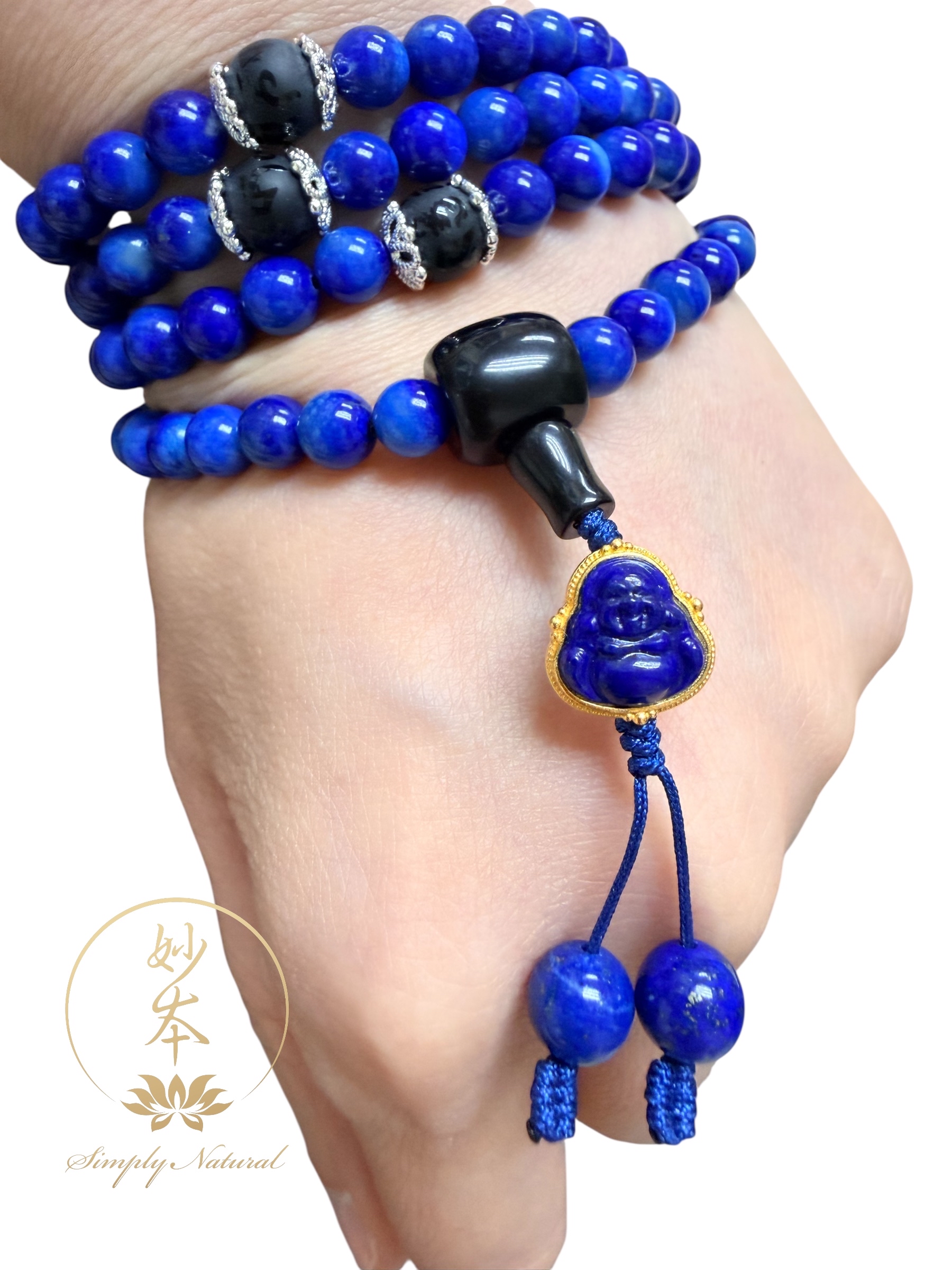 6.7mm 108粒青金石念珠 配：勒彌佛青金、六字大明咒黑瑪瑙（手圍偏大）