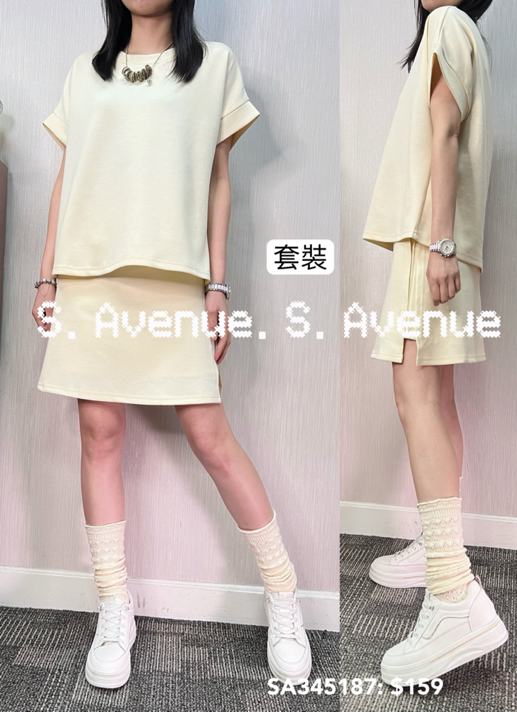 SA345187: 短袖淨色tee配半截開叉裙褲套裝