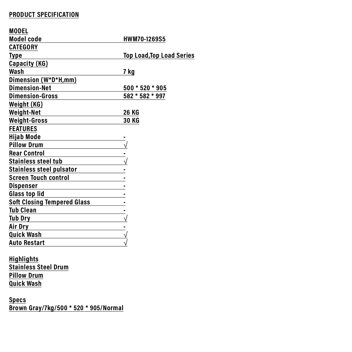 Haier 7kg Top Load Washing Machine (HWM70-1269S5)