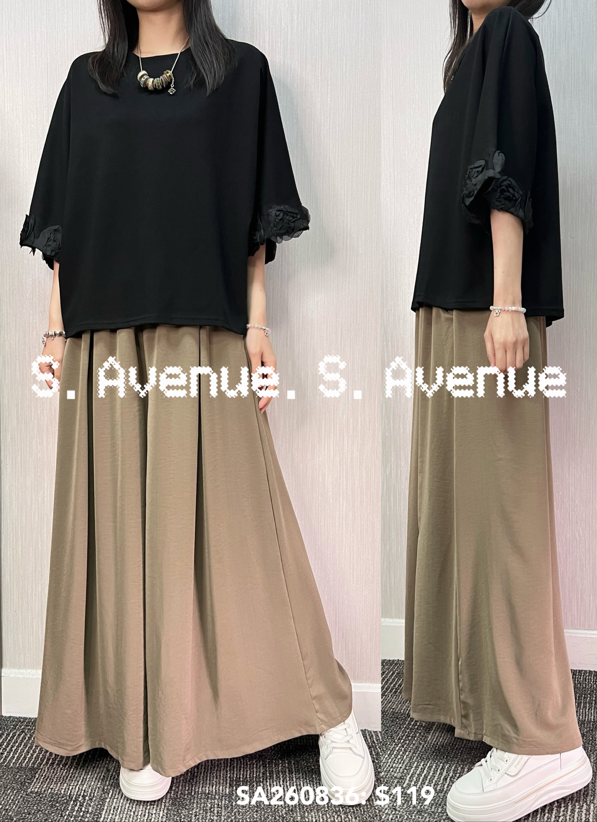 SA260836: 喇叭袖袖邊立體花小蝙蝠tee