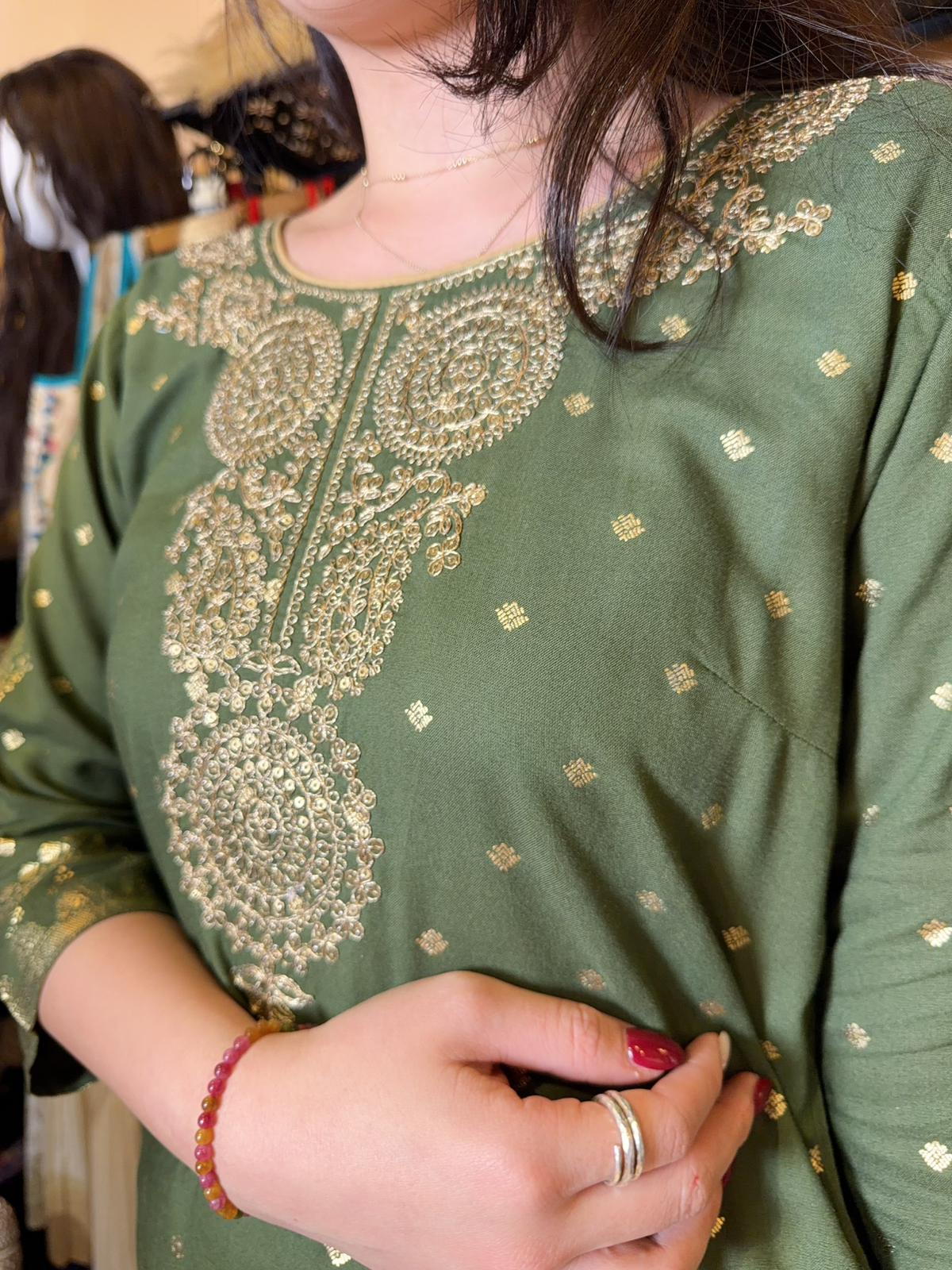 Olive Green Gold Print Embrodiery Kurta #1357