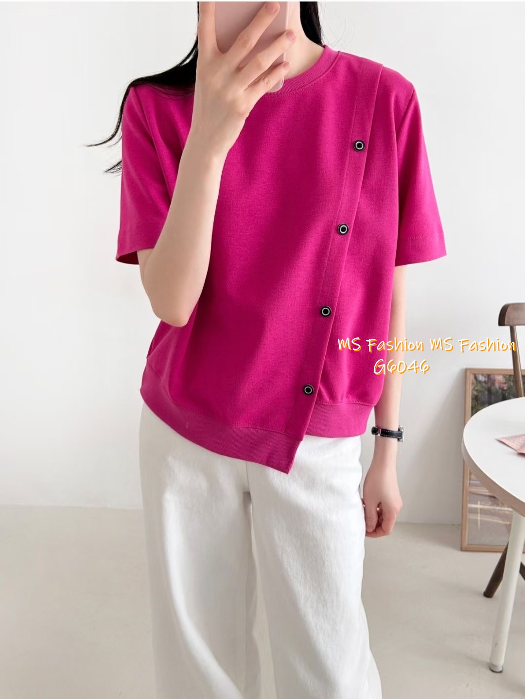 G6046 韓國🇰🇷不規則衫腳斜鈕top