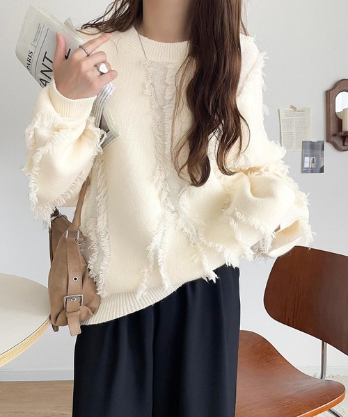 不規則流蘇拼色針織上衣【JT019】