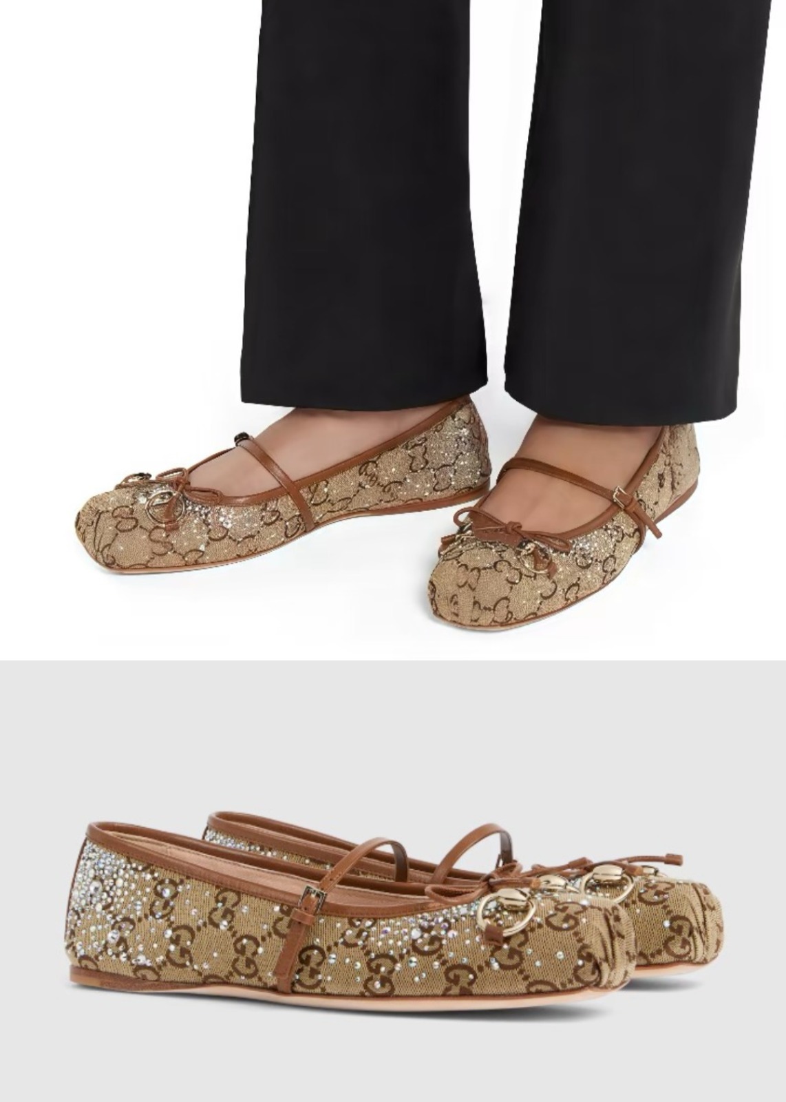 【原單】GUCCI GG Crystal Horsebit Ballet Flats 馬銜扣蝴蝶結彩鑽芭蕾鞋