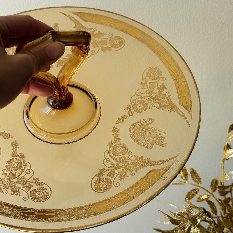 Antique 1920s Amber Glass Embossed Golden Castle and Scrollwork Pattern Large Cake Plate with Geometric Handle (MT2166)