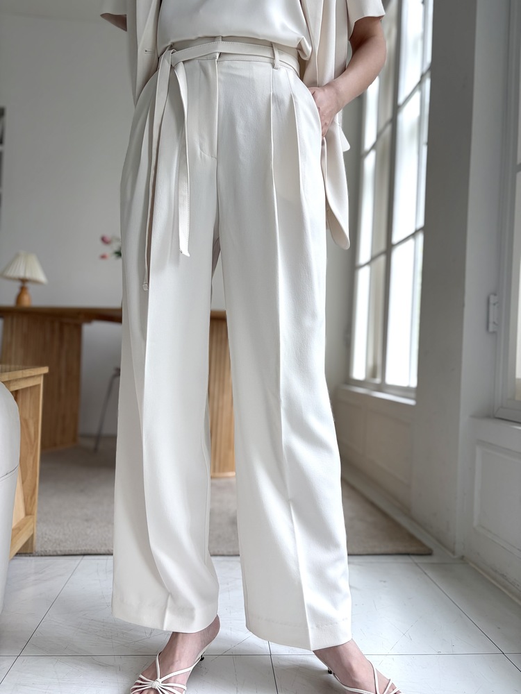 Aveline Belted Straight Slacks (Ivory)