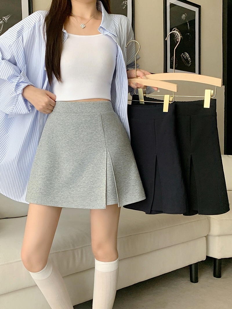 B318(24248) 韩版甜辣风显瘦下摆开角黑灰短裙