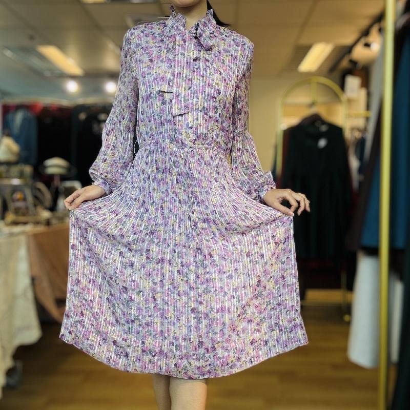 Vintage Purple Floral Pattern Tie Collar Pleated Chiffon Day Dress (MT2260-10)