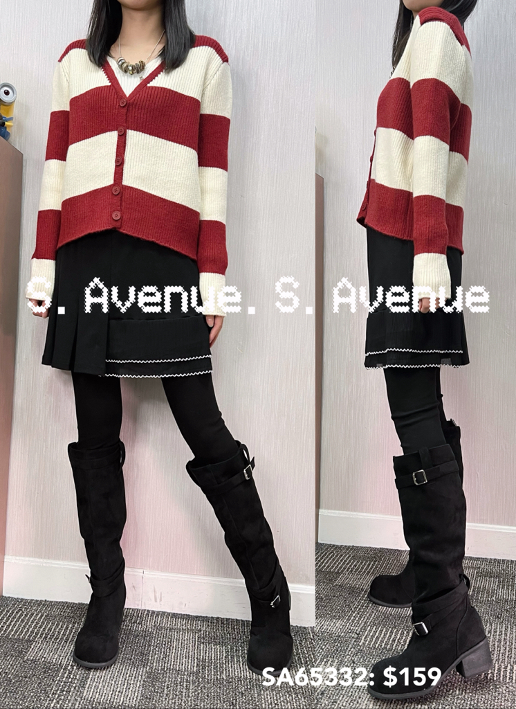 SA65332: 長袖V領有鈕假兩件間條top