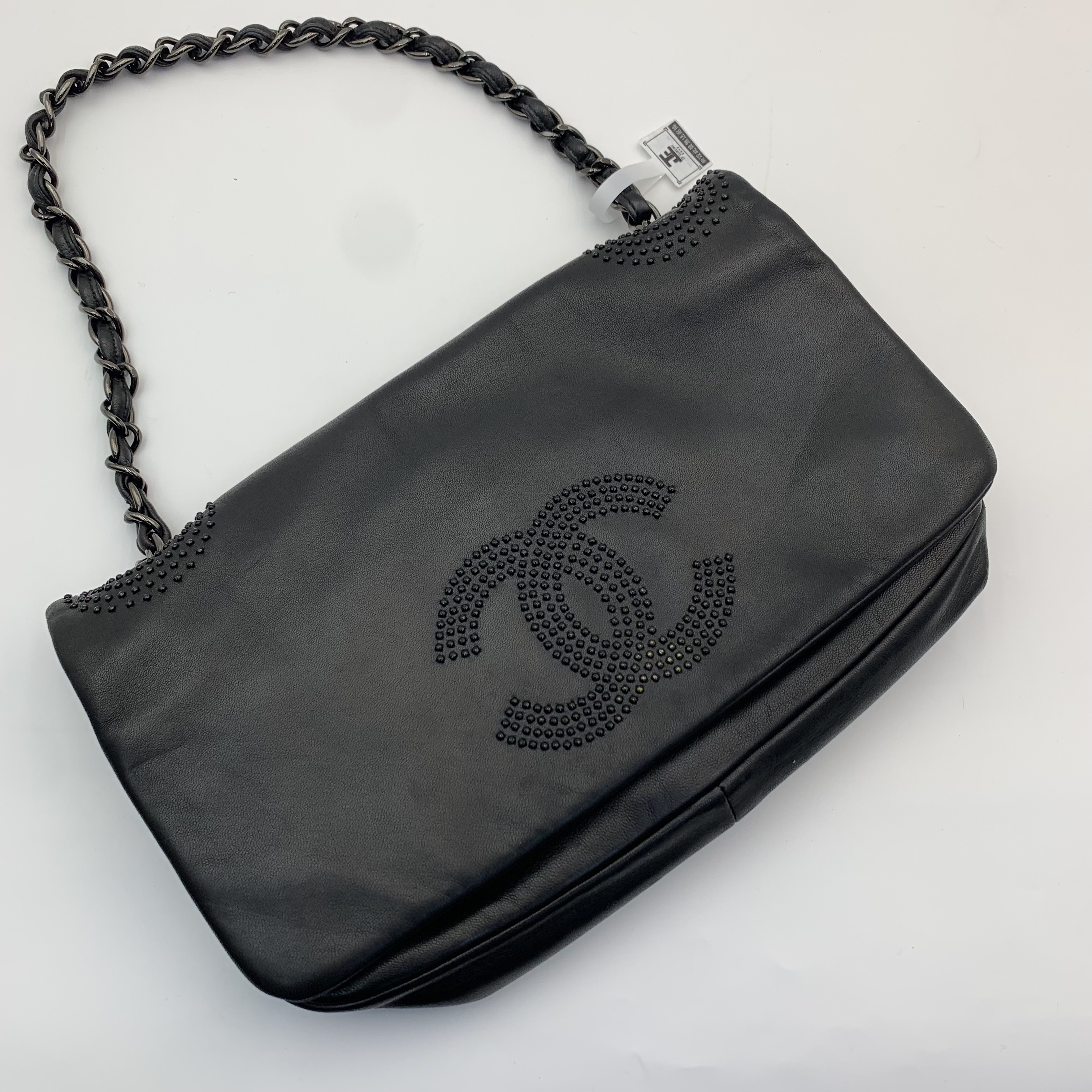 🔎有格調男女通用Chanel flap bag金屬黑色x碎釘