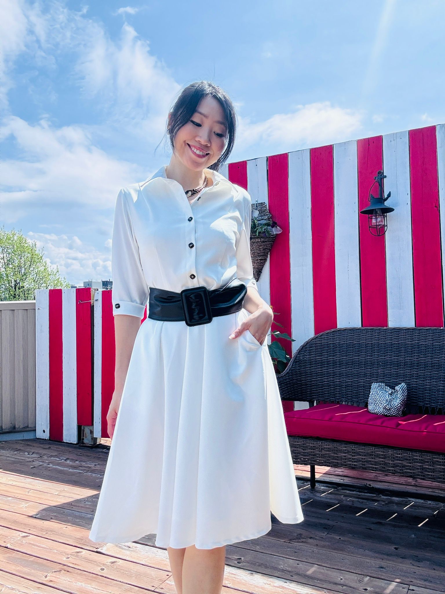 (Custom-Made) Ivory Heirloom Shirtdress with Vintage Buttons and Belt (FM237)