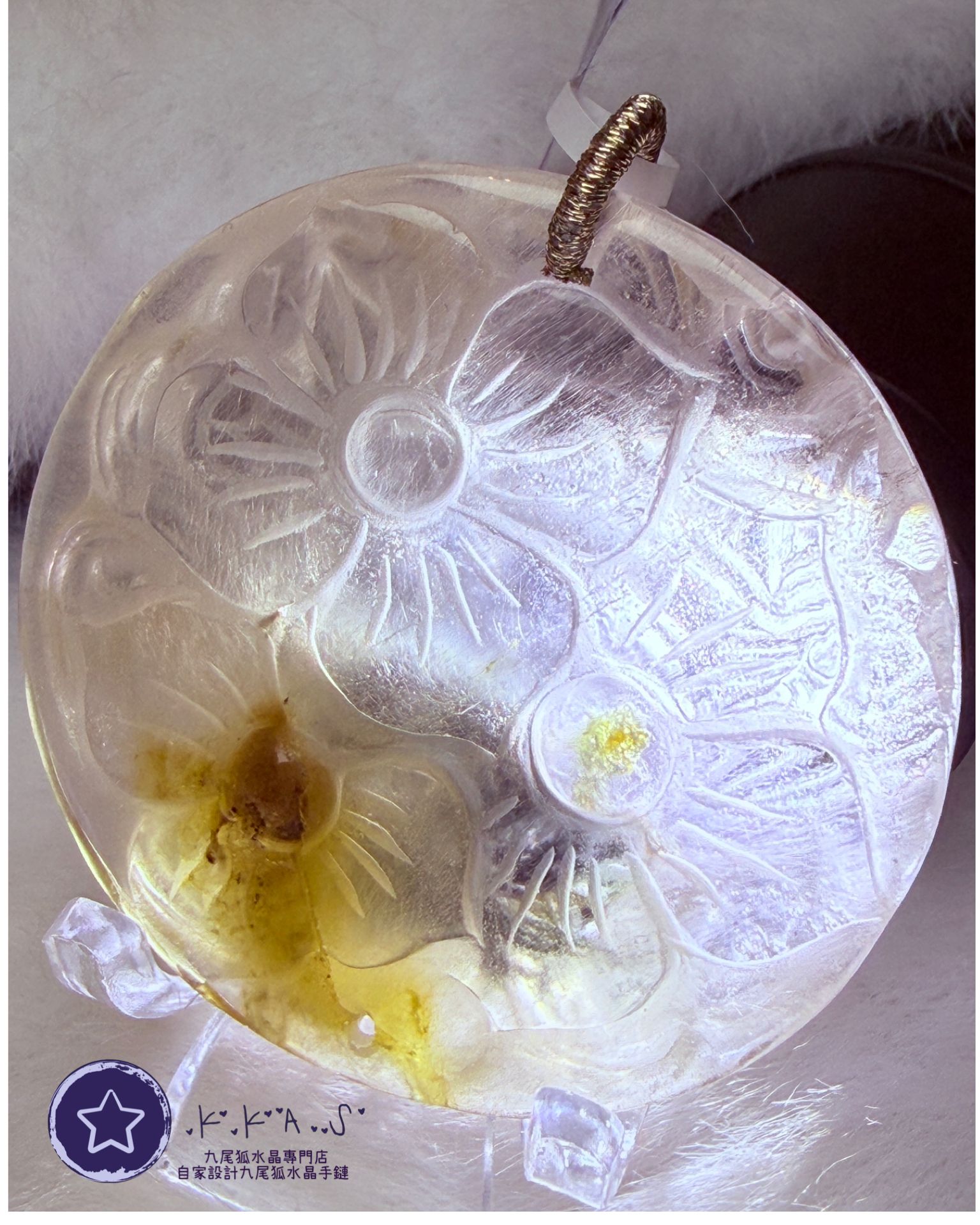 K00015 彩髮晶 九尾狐財神 - 吊墜/手牌兩用款(上下孔)