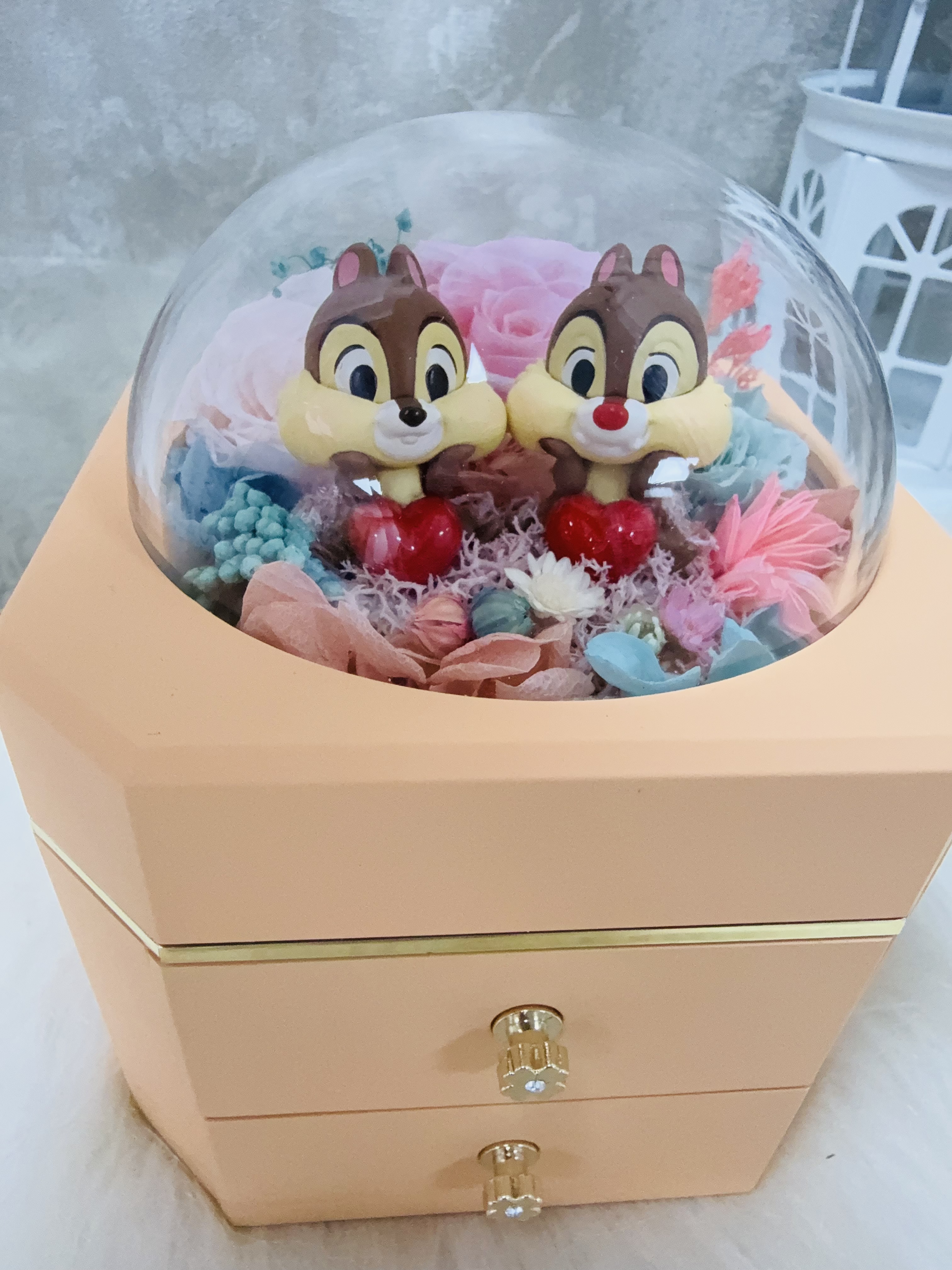 大鼻鋼牙粉紅藍玫瑰永生花飾物盒