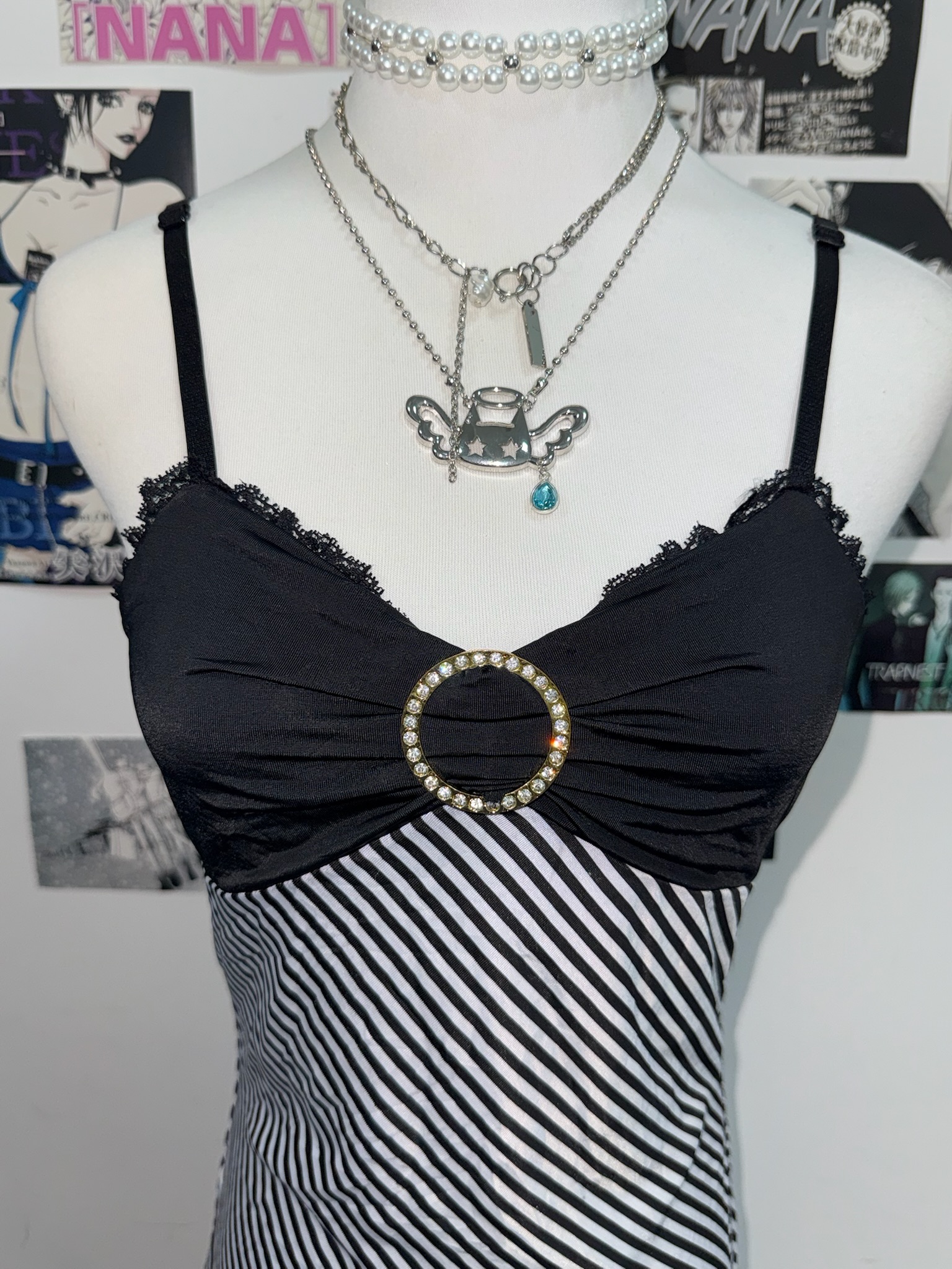 Diagonal Striped Cami Dress with O-Ring Detail