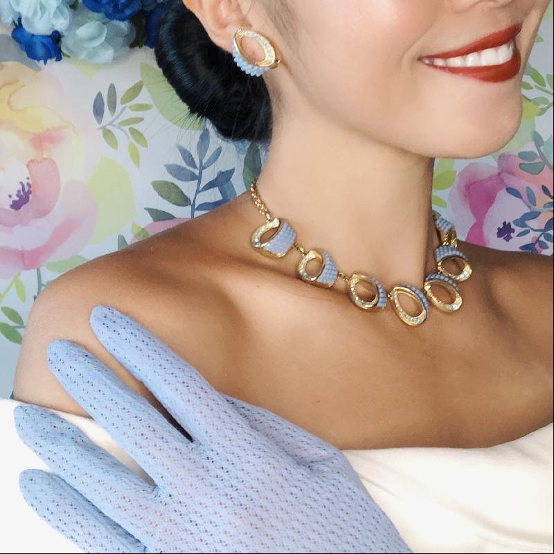 Vintage 1950-60s Styled by Crosby Baby Blue Rhinestone and Bead Necklace with Earrings Jewelry Set in Original Velvet Box(MT1730)