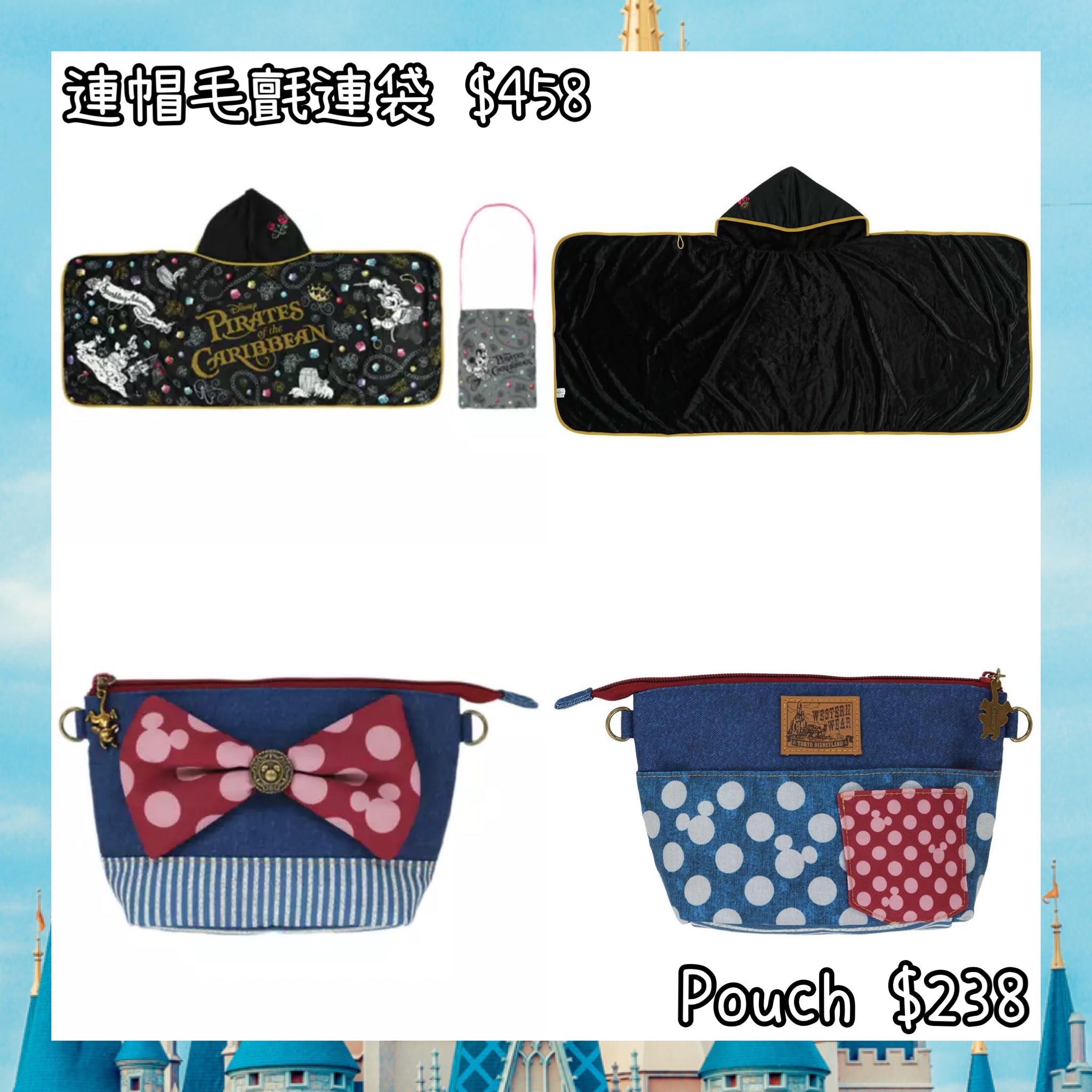 ：日本：DISNEYLAND園區產品 24/9 日本發賣 連帽毛氈連袋 POUCH