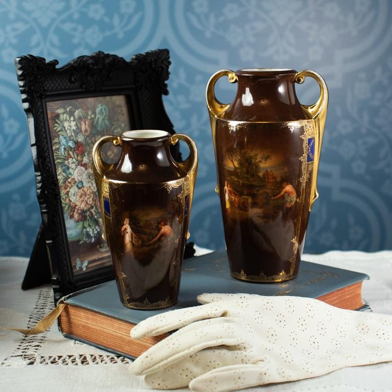 Vintage Mid-Century Czechoslovakian Renaissance Painting Style Porcelain Vase Pair - H16cm/H12.5cm (MW105 & 106)