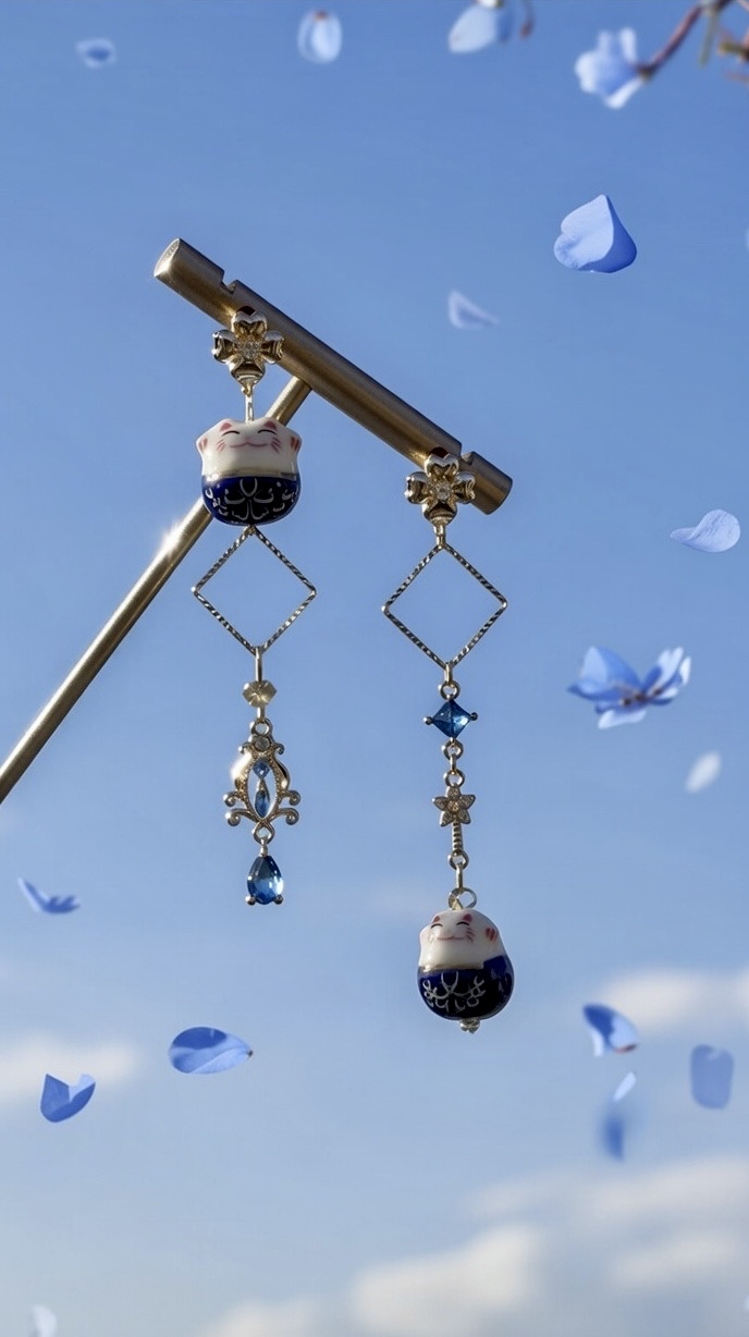 深藍招財貓耳環🦋健康