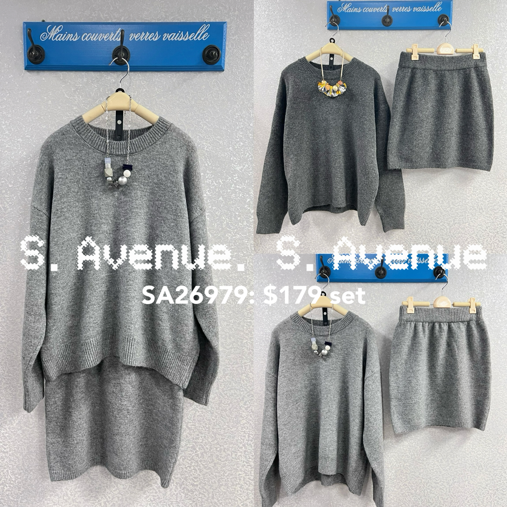 SA26979: 長袖鬆身淨色冷top配直身冷裙套裝