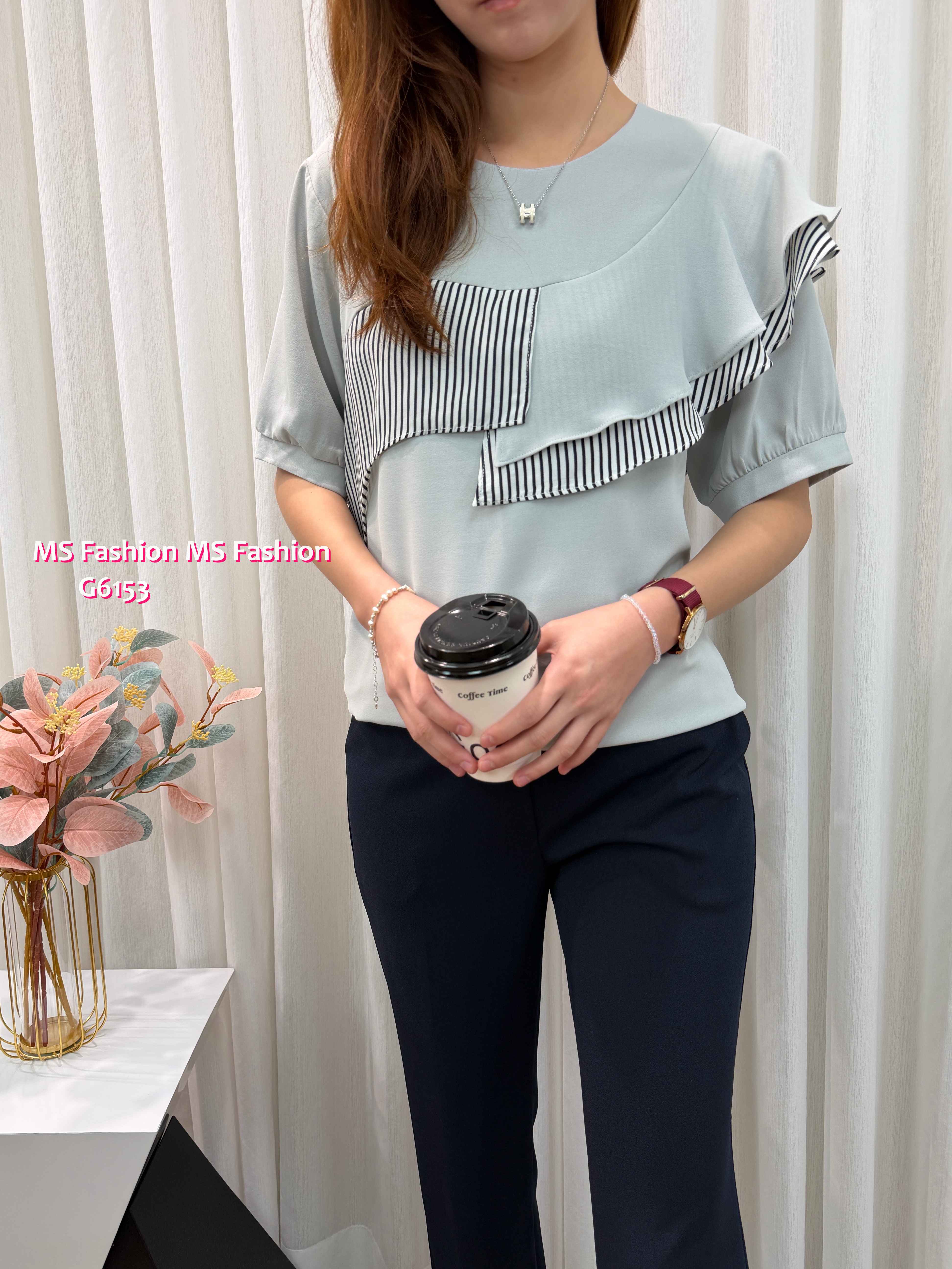 G6153 韓國🇰🇷靚料拼條子ruffle top