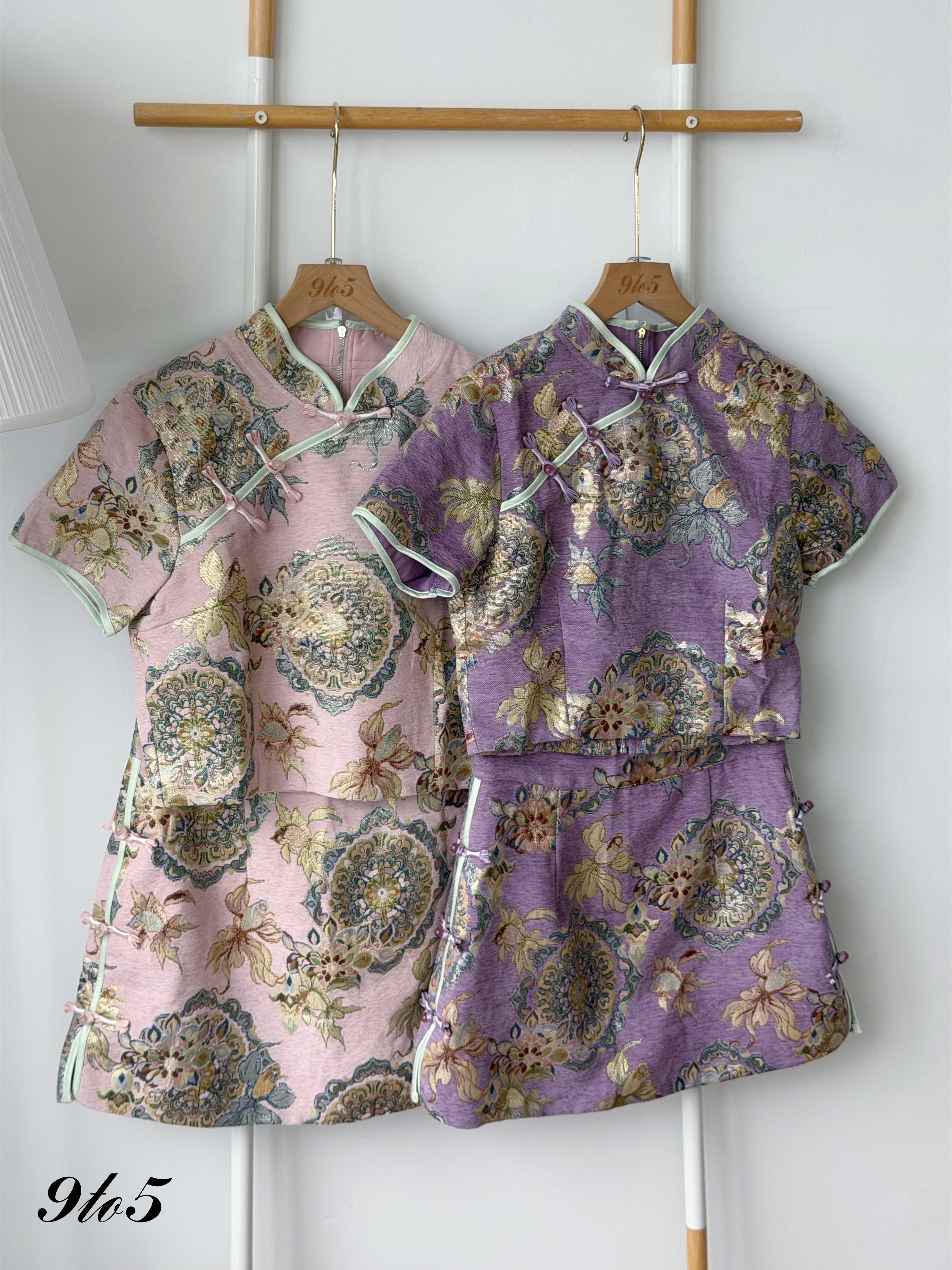 D2380 Floral Jacquard Cheongsam Set - Pink & Purple
