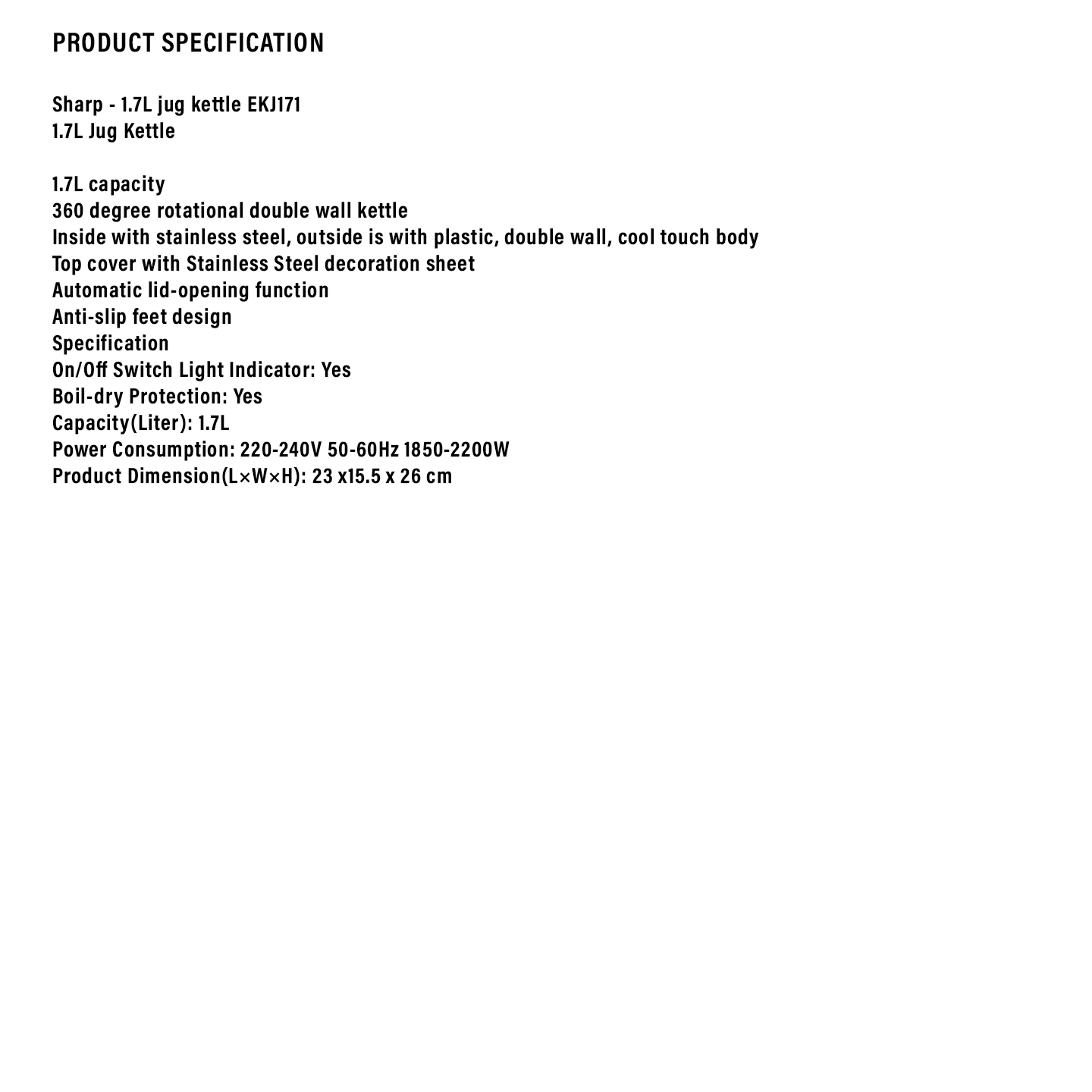 Sharp 1.7L Double Wall Stainless Steel Electric Kettle (EKJ171WH)