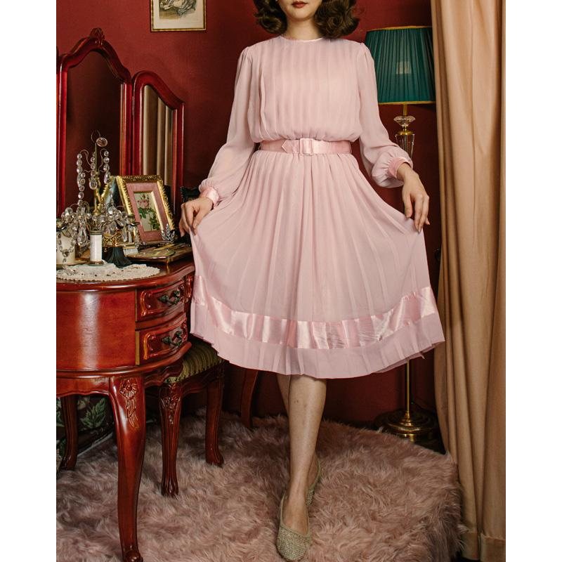 Vintage C.a. 1980s American Bobby's Girl Light Pink Chiffon Dress with Belt(MU108-13)