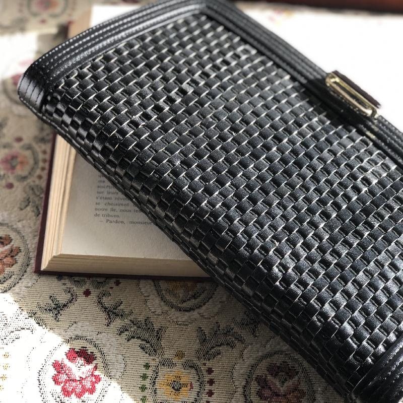 Vintage Black Weaving Leather Strips Two-Way Clutch/Shoulder Bag from Japan (MT1628)