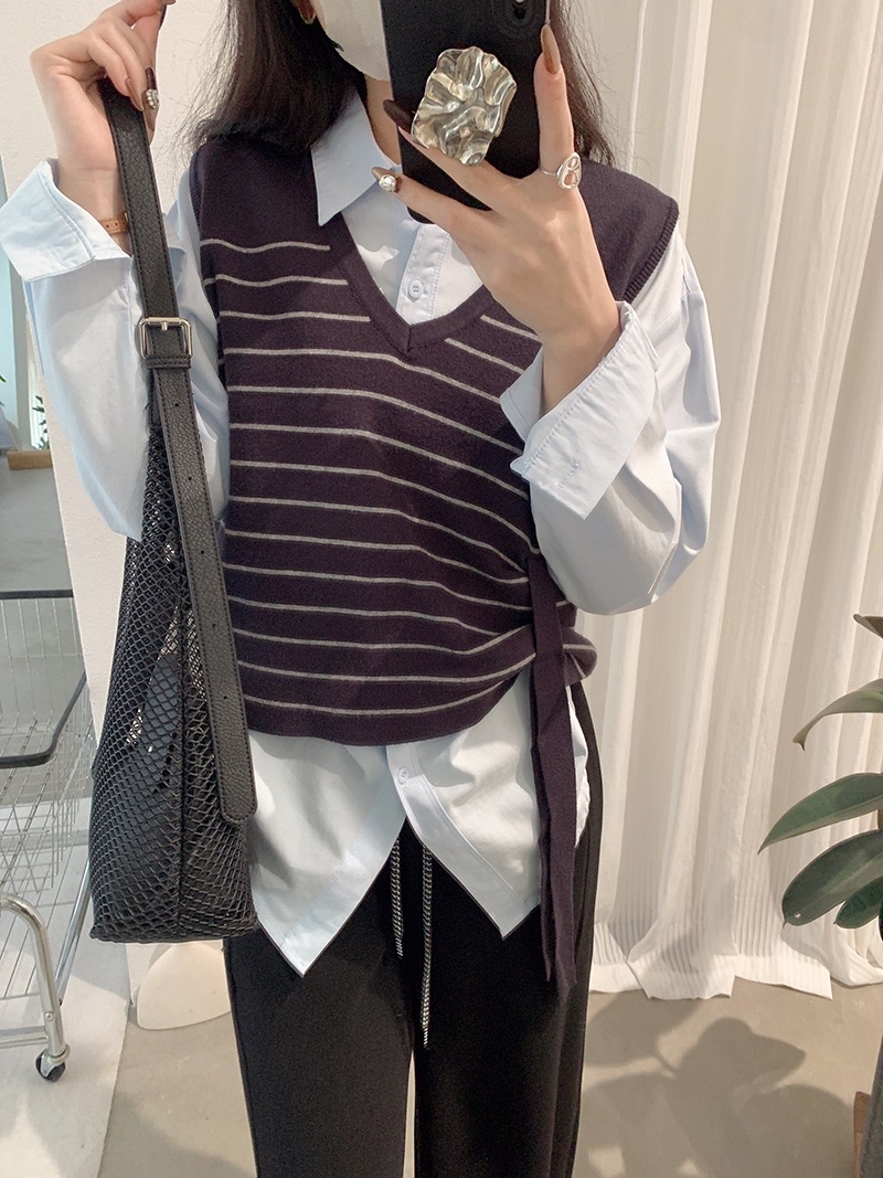 V领撞色条纹设计感宽松针织马甲