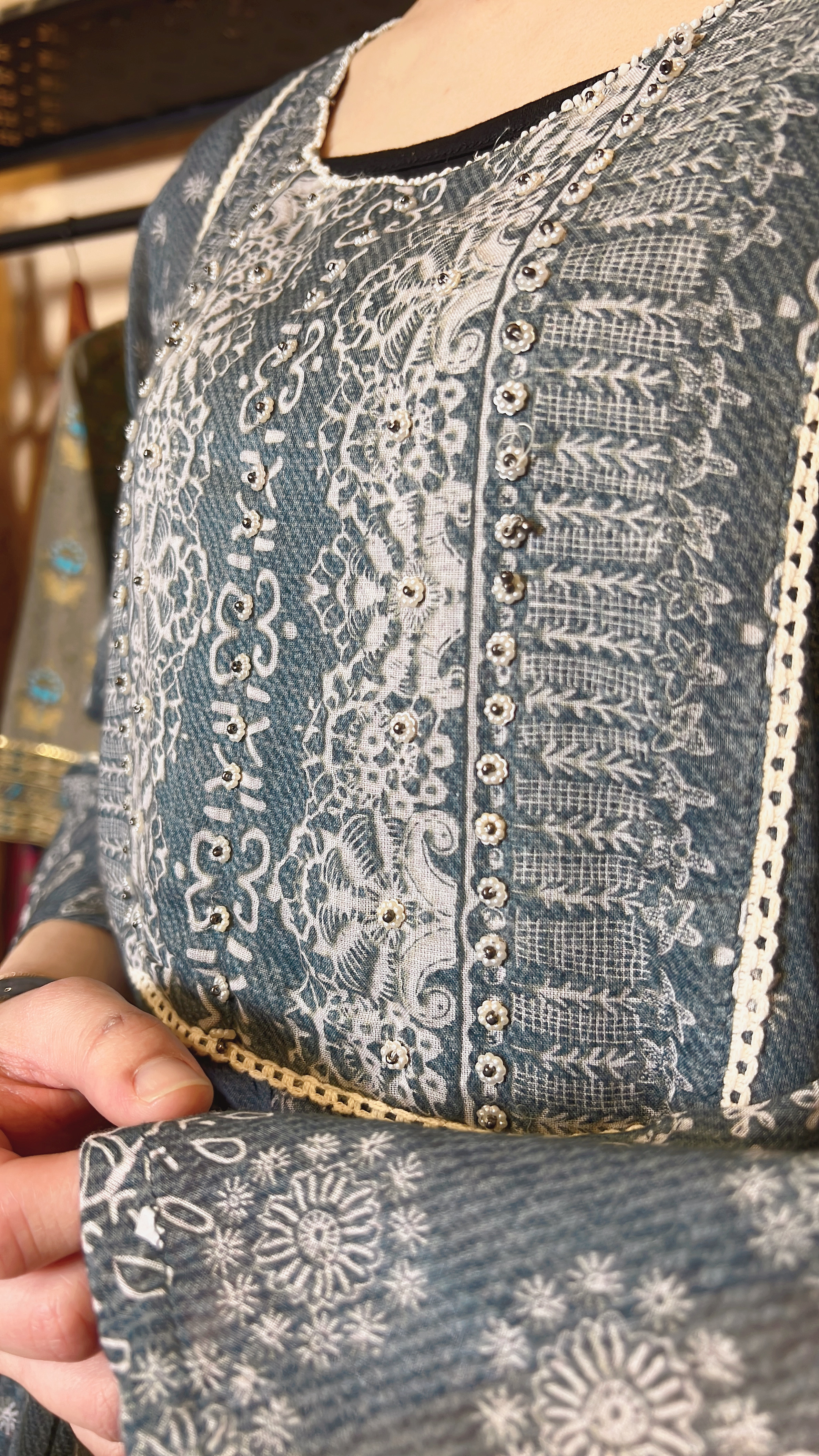 Ash Blue Cotton with Pearl Beads4-Layered OP 47" #1067