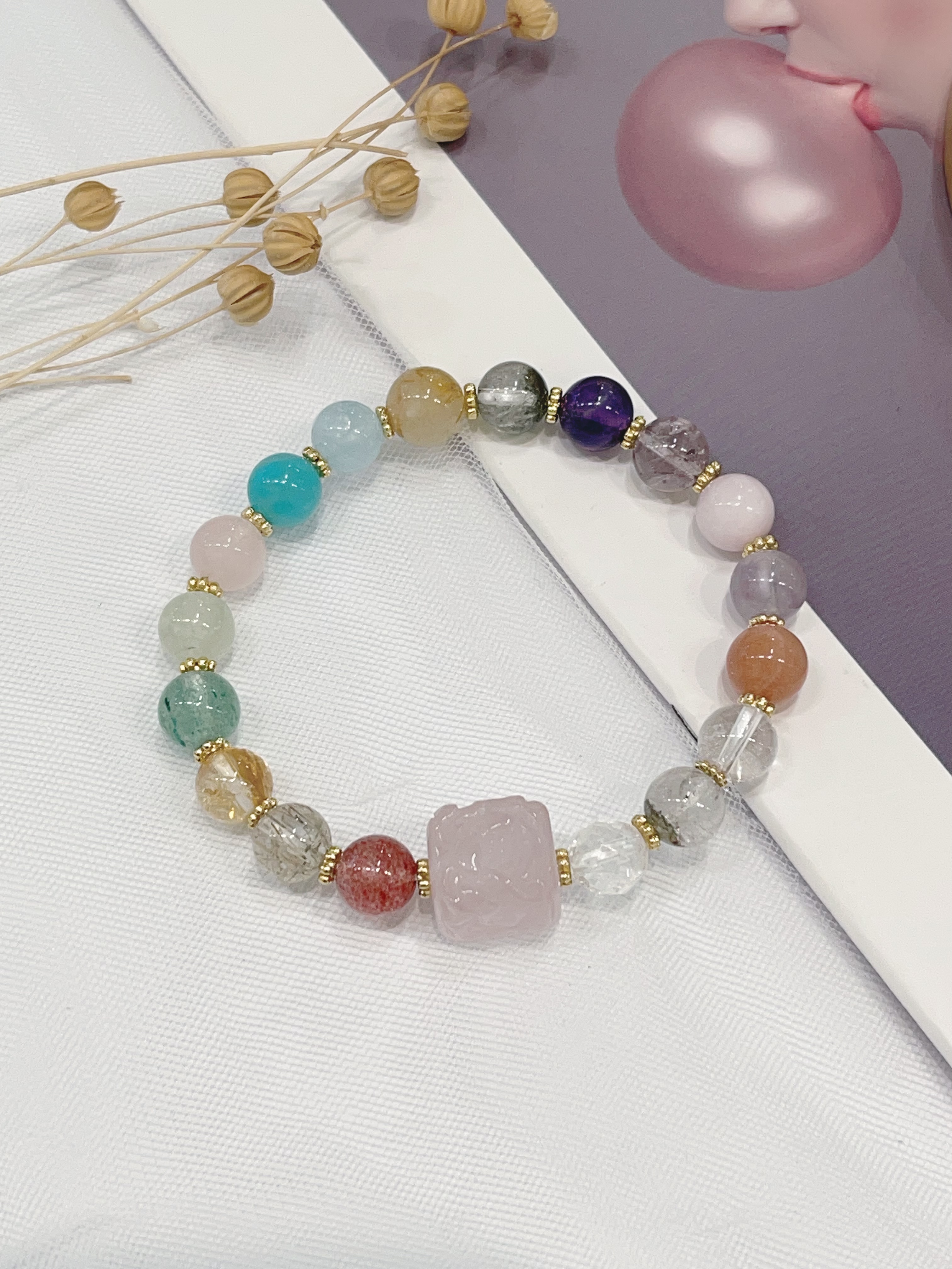 🌸 粉水晶方糖 × 多宝水晶手串  Rose Quartz Cube & Mixed Crystals Bracelet｜8mm