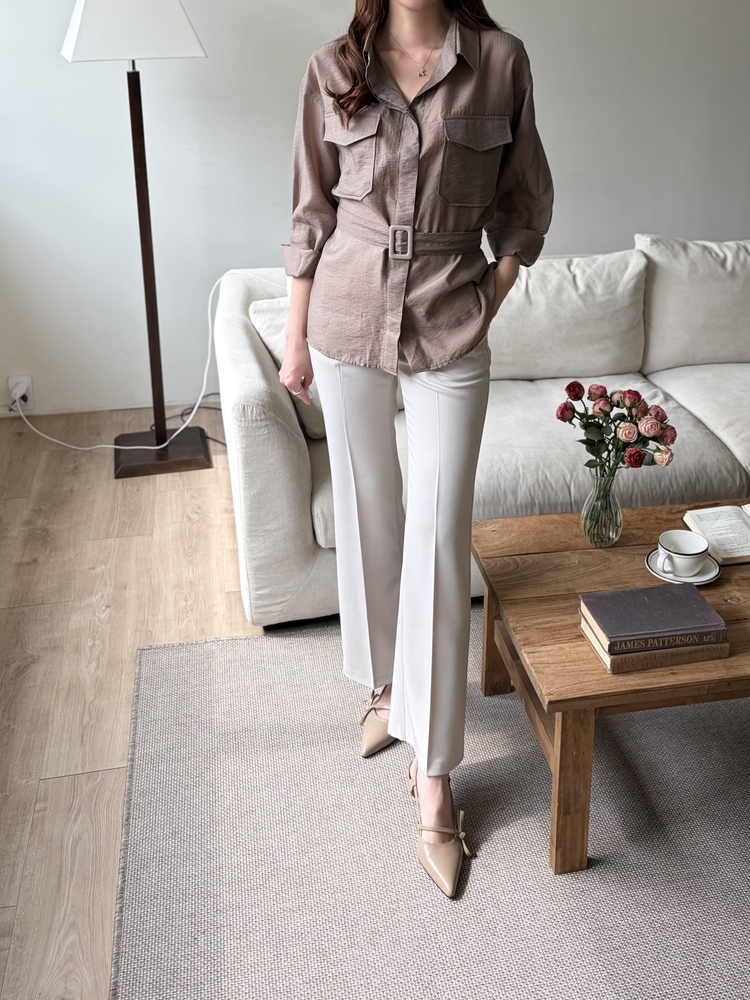 Feminine Belted Pocket Blouse (Brown)