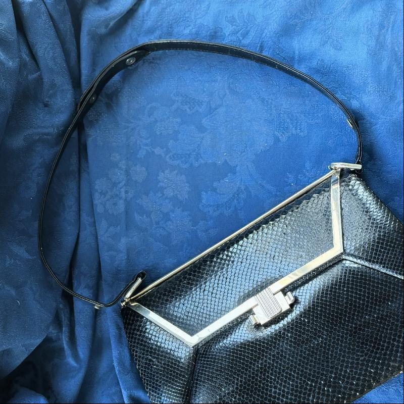 Vintage C.a. 1970s Black Snakeskin & Leather Adjustable Strap Two-Way Handbag from Argentina (MT2024)