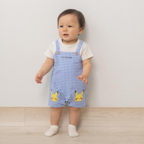 🇯🇵預訂 日本直送🇯🇵Monpoke比卡超刺繡貼花藍色格紋吊帶短袖連身服