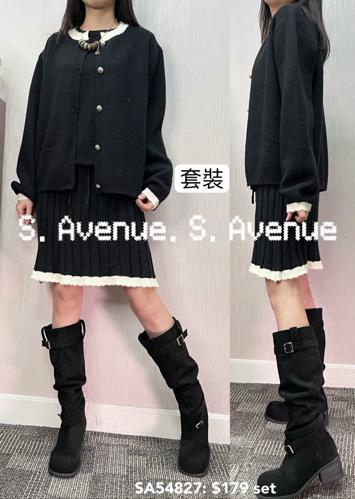 SA54827: 撞色邊長袖有鈕外套+百撍短裙套裝