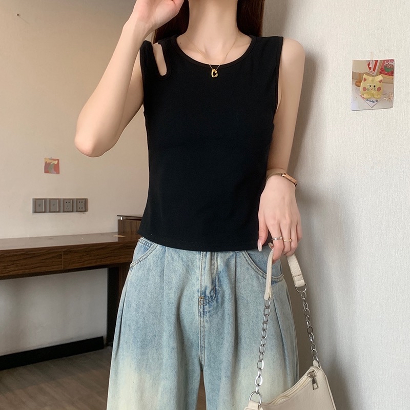 B290(16201) 韩版付胸垫边单镂空双吊带设计感黑背心