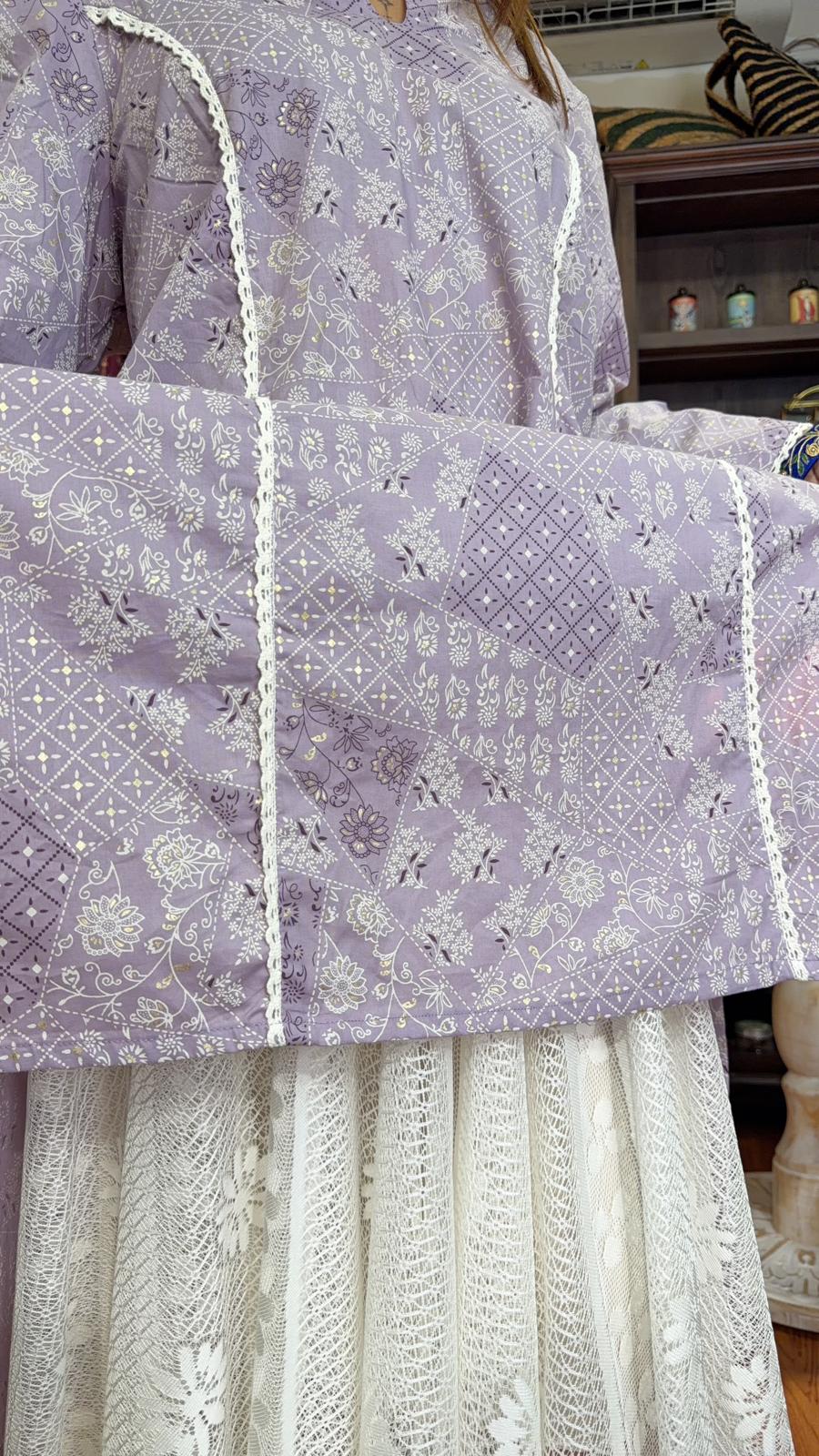 3576 Taro Cotton With white Lace Kurta
