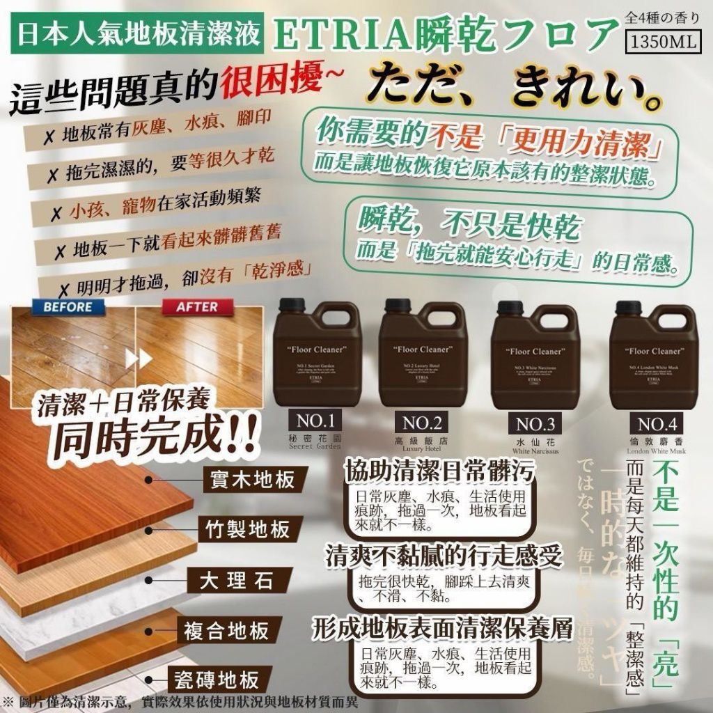 ＜限時預購＞ 大牌平替款-一拖亮三階-ETRIA 瞬乾フロア 地板清潔液1350ML TW260406L03 《9/4截單，預計7月中旬到港》