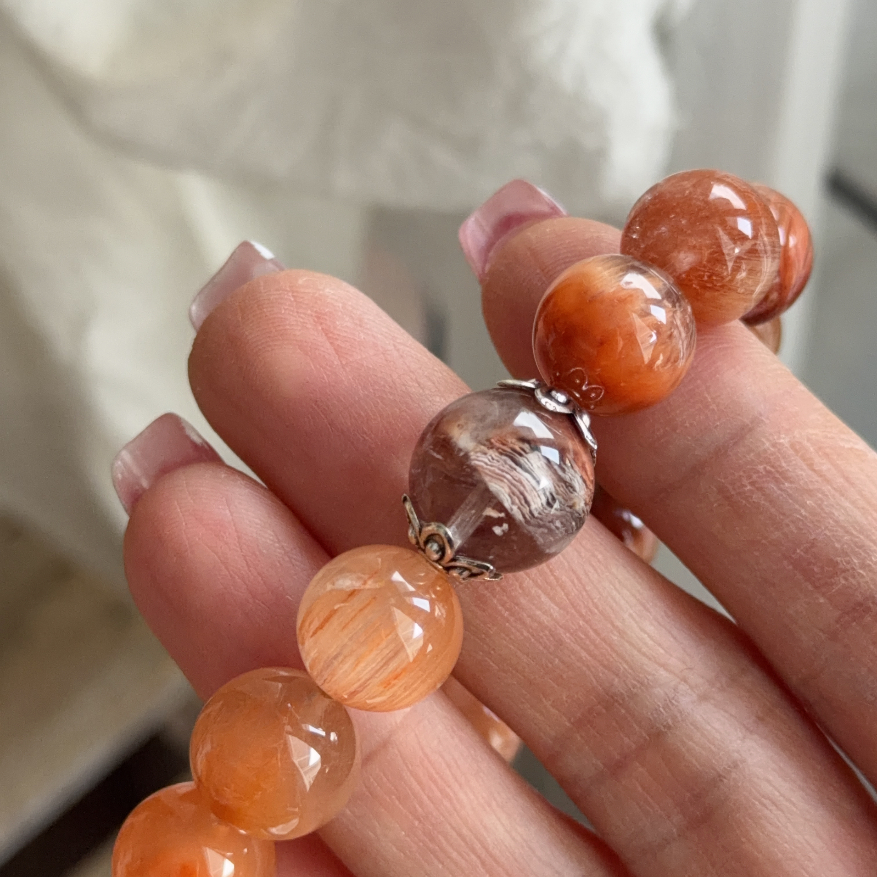 粉橙兔毛&千層幽靈手串