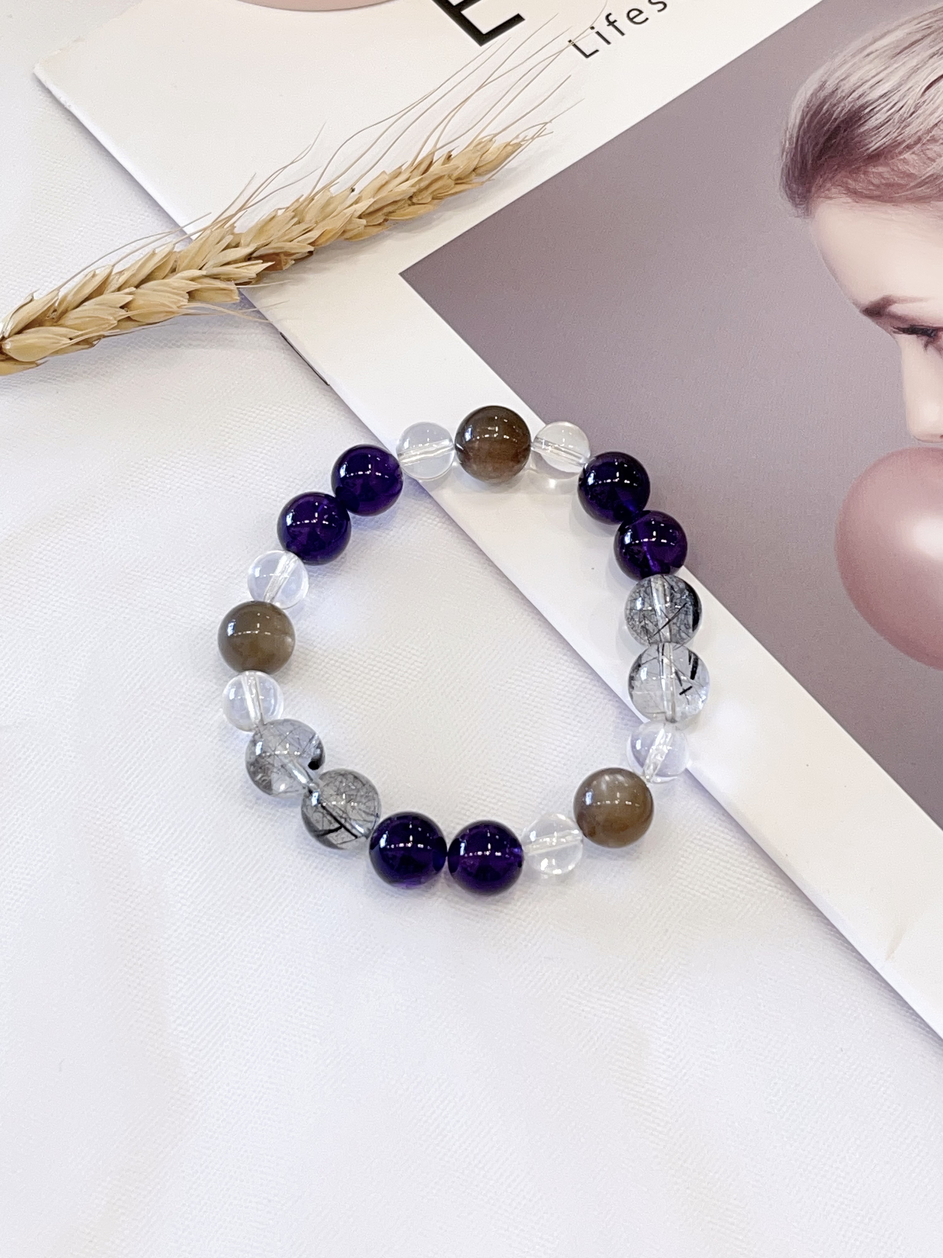 🐇 灰兔毛 × 黑发晶 × 紫水晶 × 白水晶手串 Grey Rabbit Fur Quartz, Black Rutilated Quartz, Amethyst & Clear Quartz