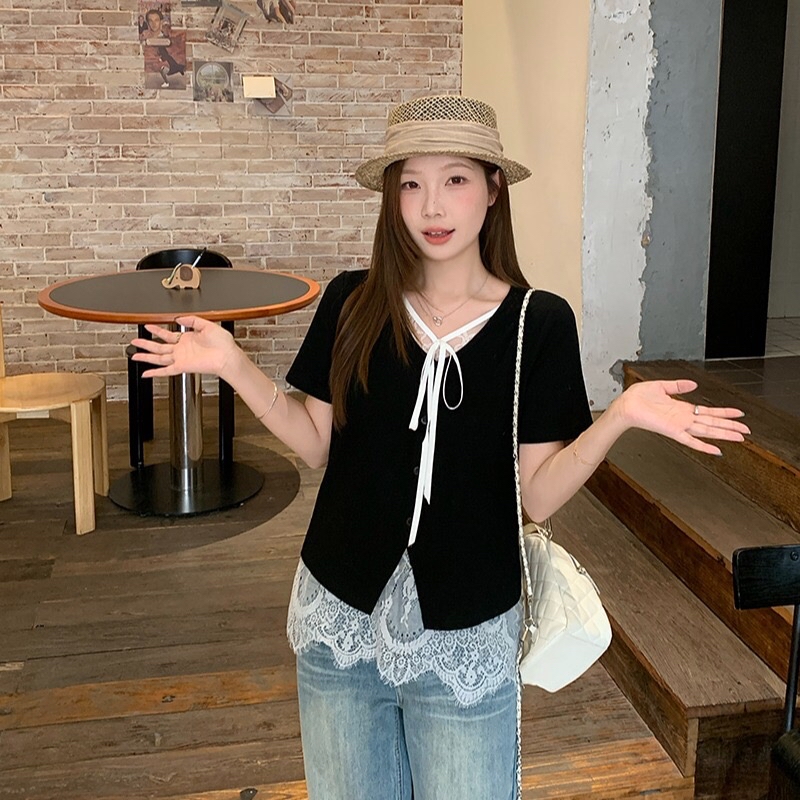 B116(36686) 法式假两件拼里蕾丝系带V领黑紫上衣