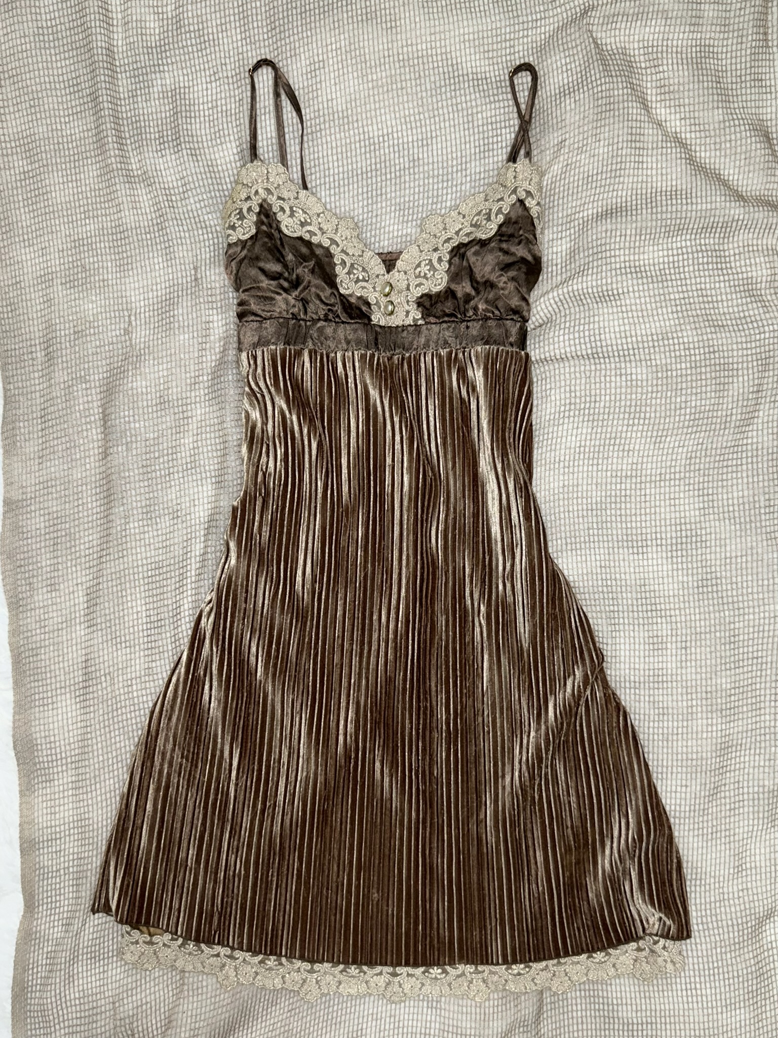 Antique Bronze Lace-Trimmed Velvet Dress