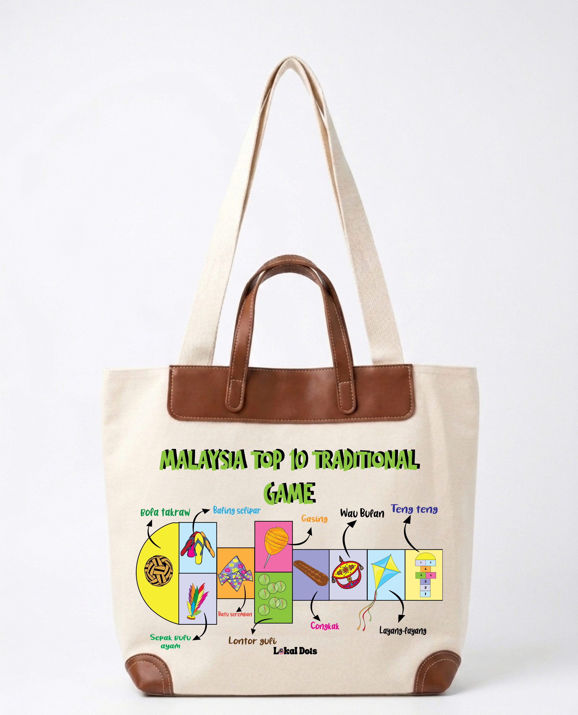 LD77 - PU Handle Tote Bag Congkak Top 10 Traditional Game