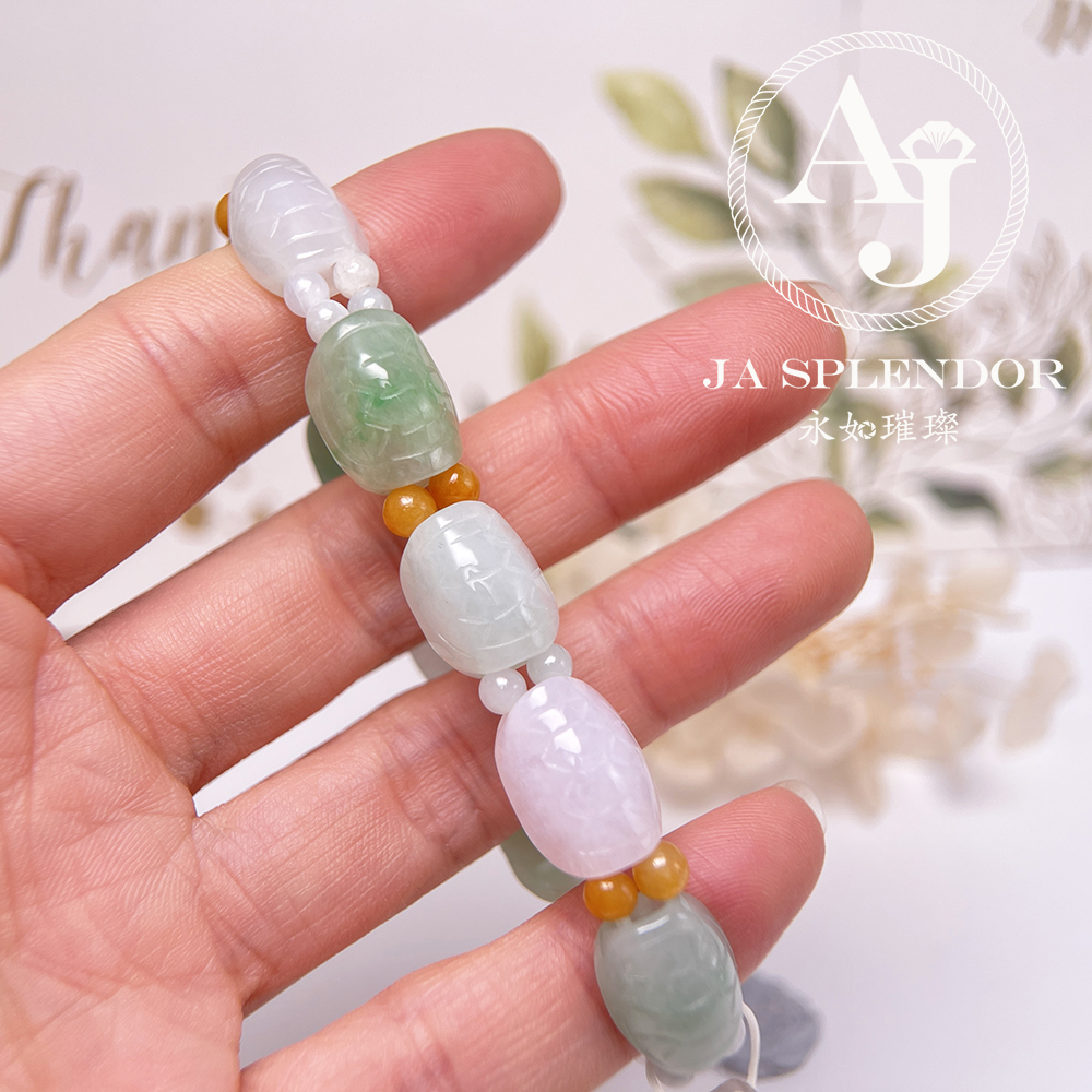 OF-06-A 天然翡翠A玉 - 冰潤三彩長壽吉祥龜貝手串