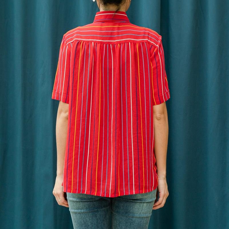 Vintage Japanese An kyara Red and Striped Pattern Chiffon Shirt/Blouse（MT1606-17)