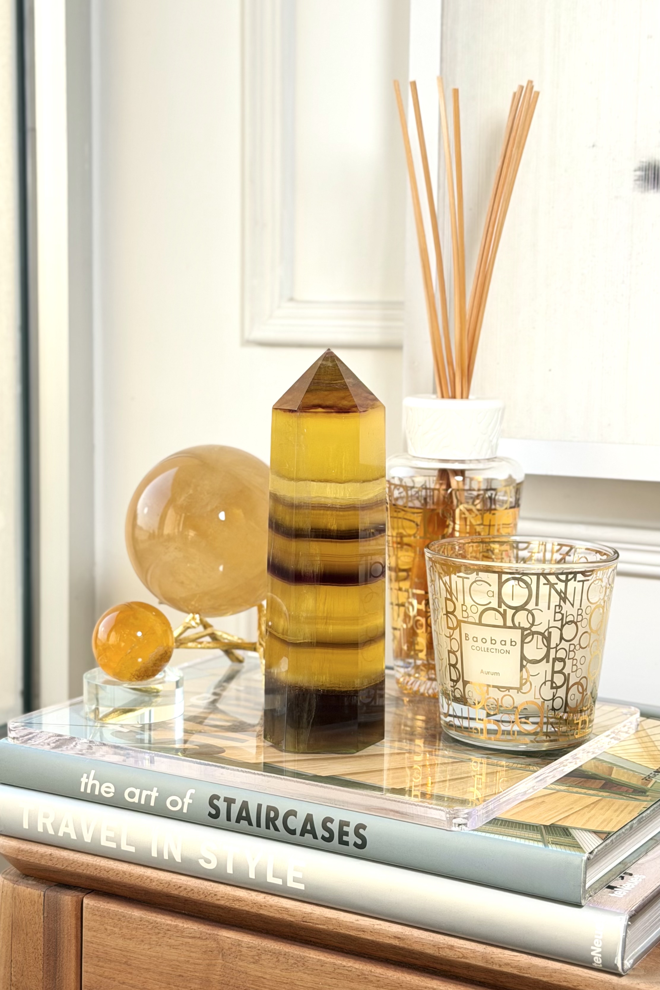  ༒18.6cm+黃螢石千層紋六角柱༒ FL.3502C82G10FM-RB5*