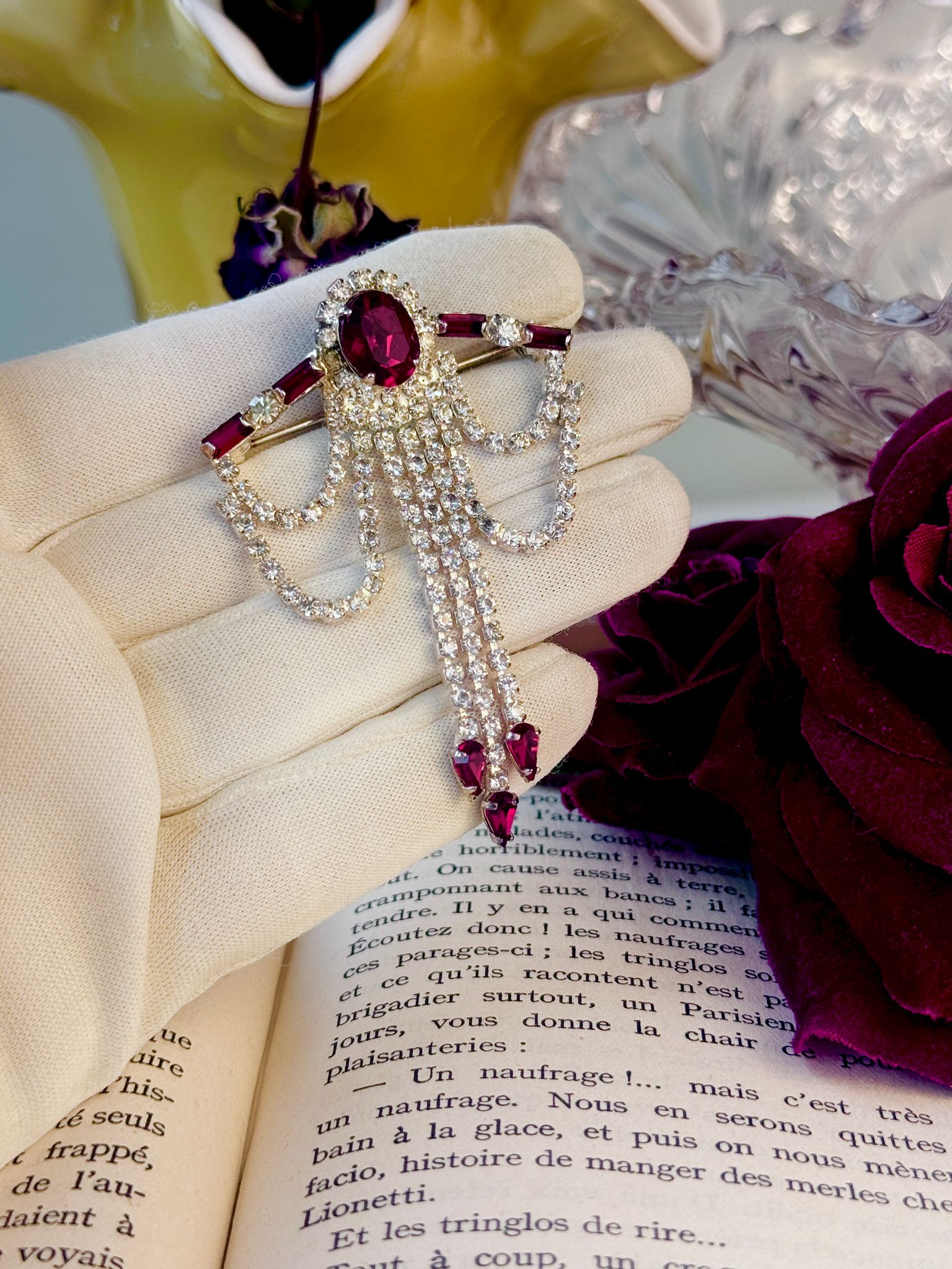 Vintage Mid-Century Art Deco Style Ruby Red Rhinestone Brooch(MT2589-11)