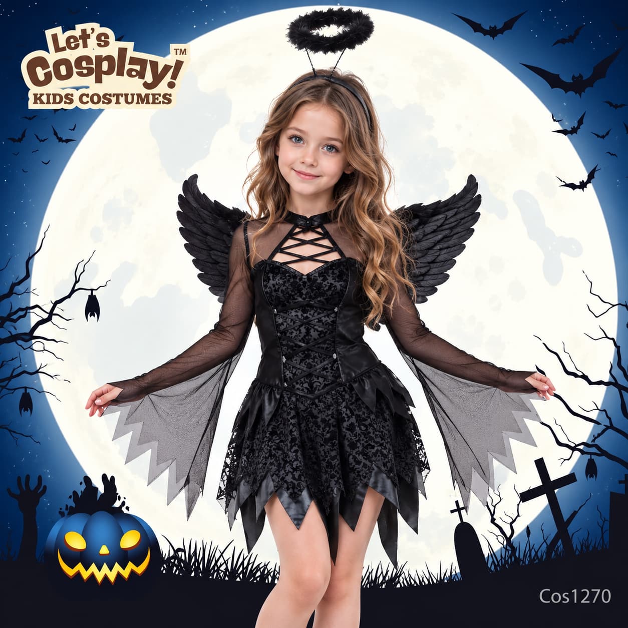 兒童黑色天使萬聖節服裝 Black Angel Kids Halloween Costume COS1270