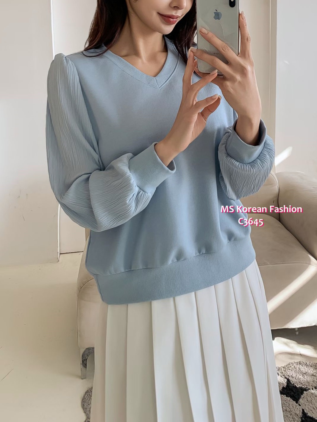 C3645 韓國🇰🇷V領直紋袖top