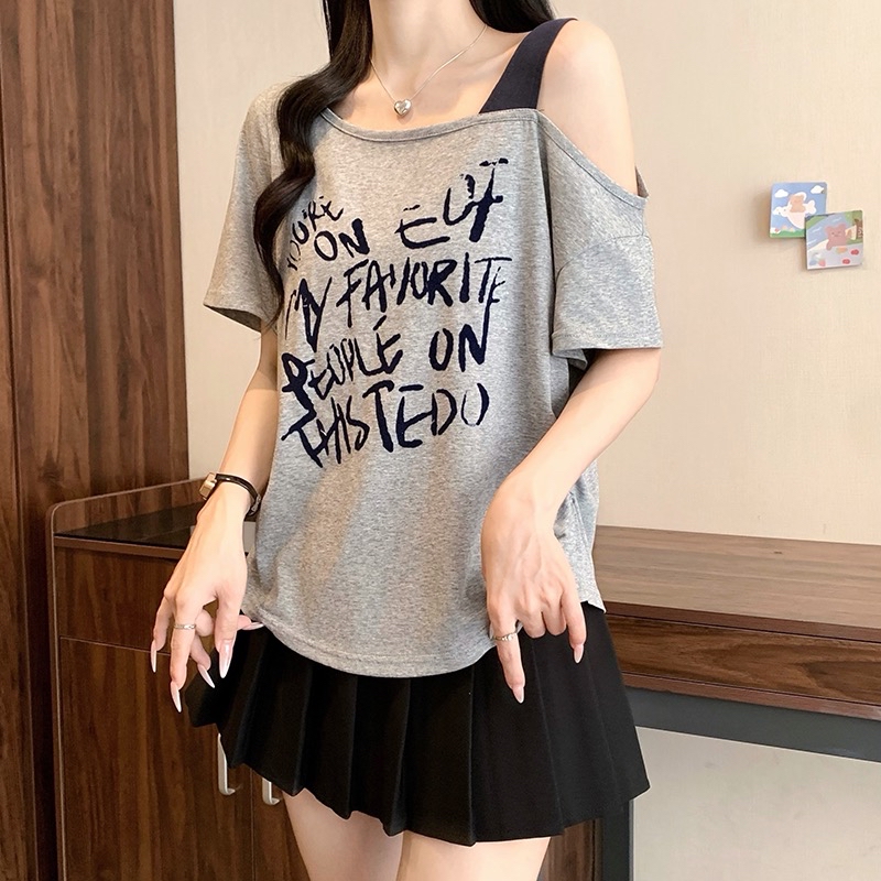 B292(3995) 美式涂鸦风文字斜领单吊带5色上衣 